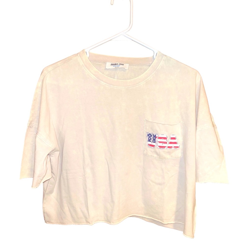 Women’s Double Zero Cropped Tee USA Stone Washed White w/ Pocket Medium NWOT